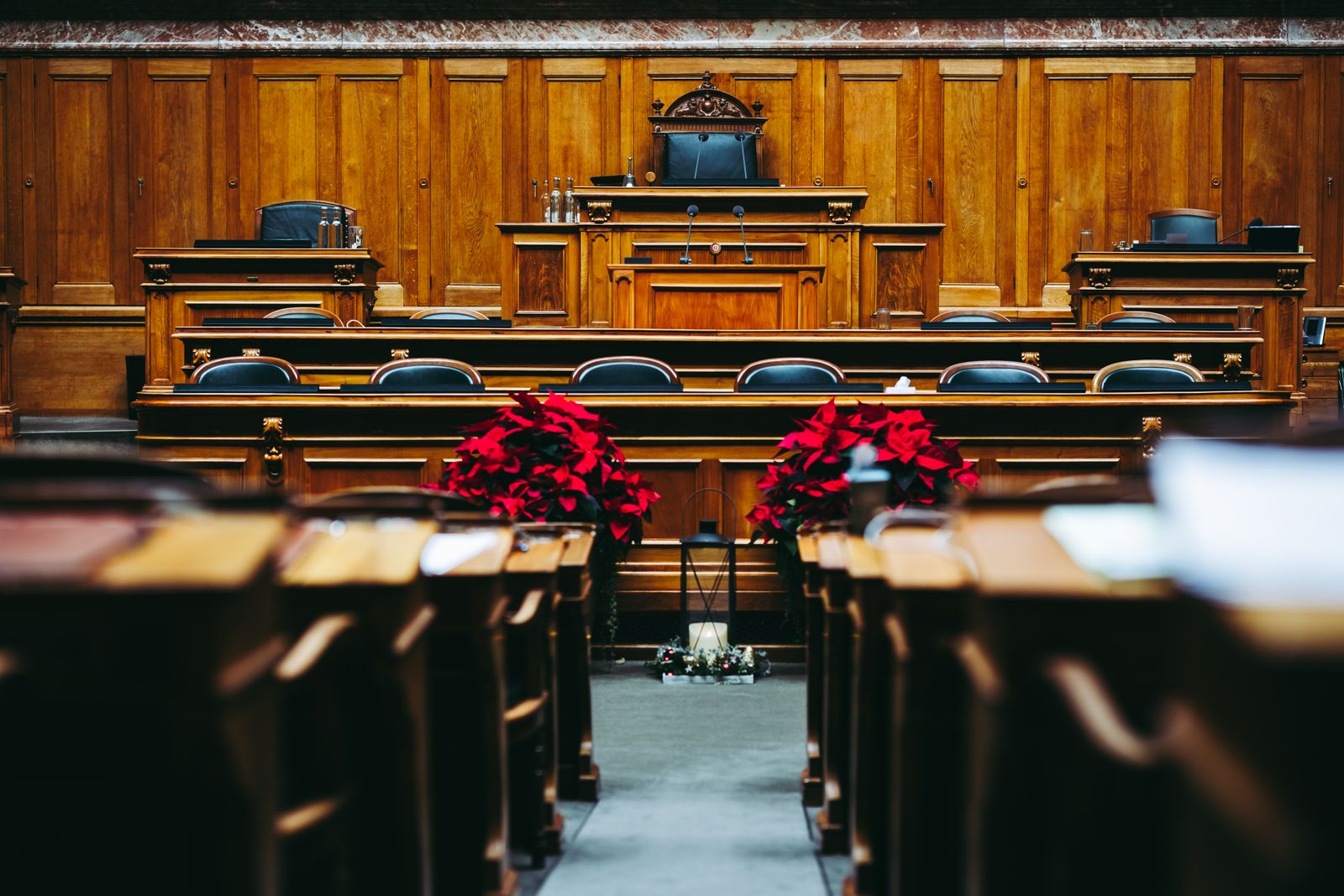 An empty courtroom before a hearing